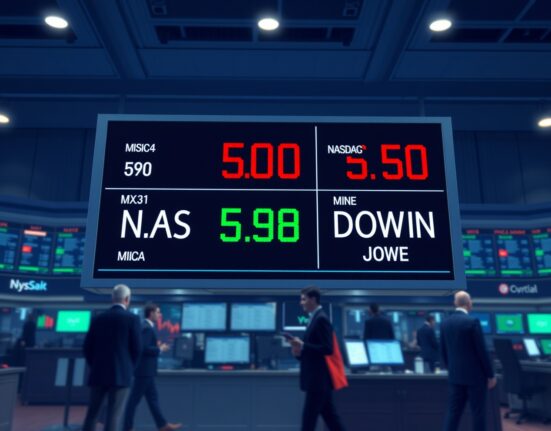 A stock market board showing mixed performance for US stocks, with the Dow Jones index in red and the Nasdaq in green.