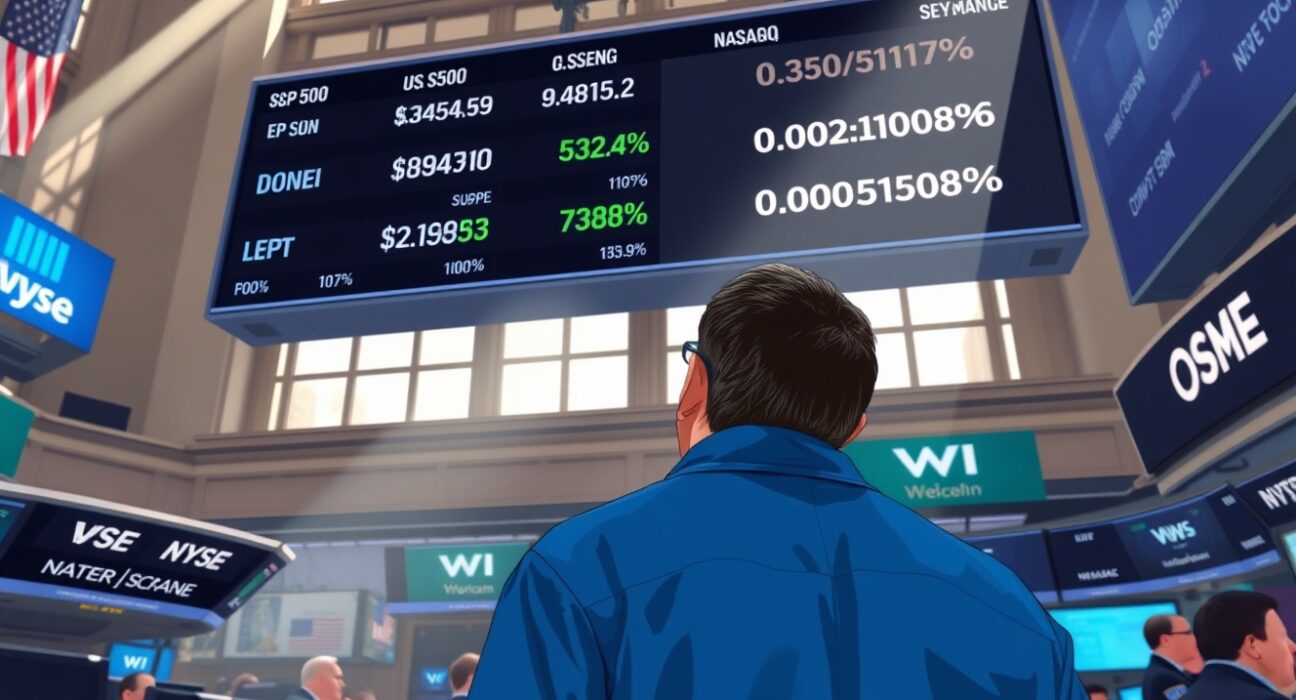 Trader at NYSE monitoring mixed US stock market performance on electronic board