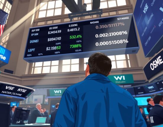 Trader at NYSE monitoring mixed US stock market performance on electronic board