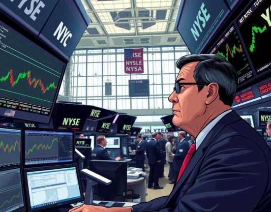 Trader analyzing US stock market data on monitors at the New York Stock Exchange