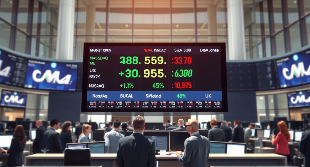 Professional trading floor at market open showing a digital ticker board with US stock prices.