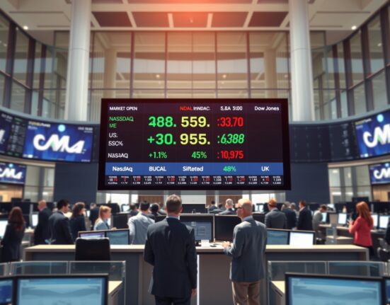 Professional trading floor at market open showing a digital ticker board with US stock prices.