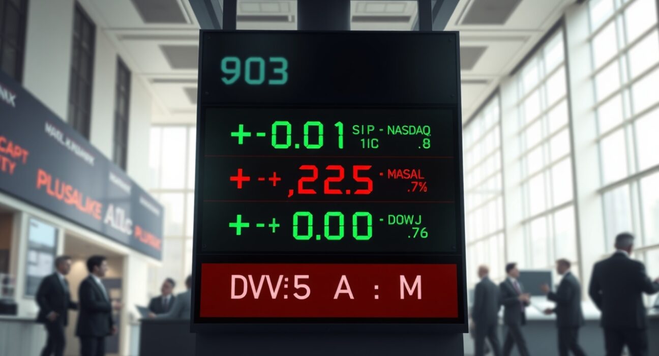 US stocks mixed at open with S&P 500 flat, Nasdaq rising, and Dow Jones slightly up on a digital stock board.