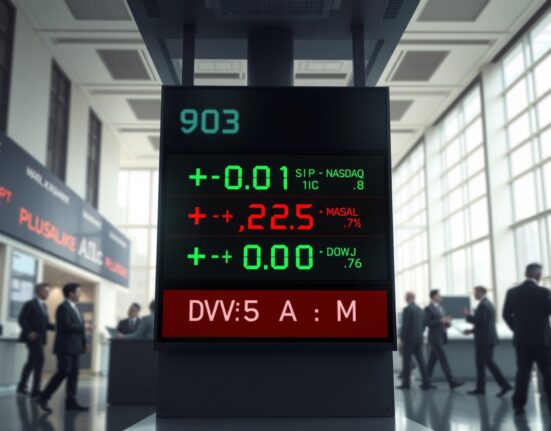 US stocks mixed at open with S&P 500 flat, Nasdaq rising, and Dow Jones slightly up on a digital stock board.
