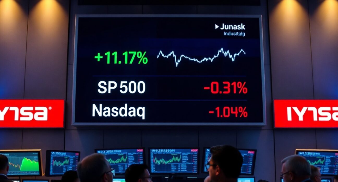 Stock market board showing mixed open with Dow Jones up and Nasdaq down on a trading floor