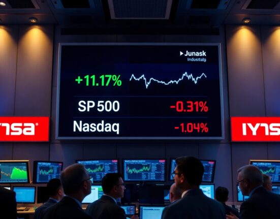 Stock market board showing mixed open with Dow Jones up and Nasdaq down on a trading floor