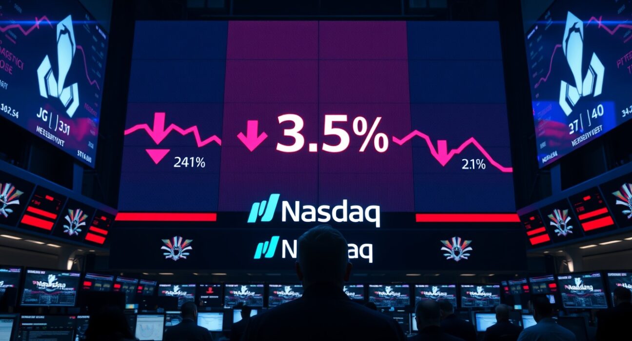 Stock market display showing red declines and Nasdaq 3.5% loss on a trading floor