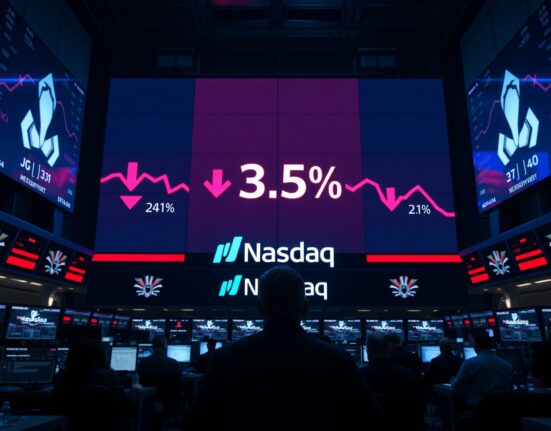 Stock market display showing red declines and Nasdaq 3.5% loss on a trading floor