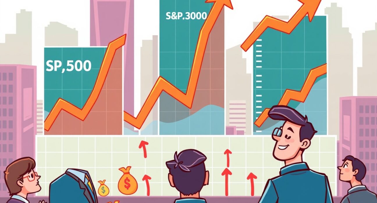 Cartoon showing US stocks open higher, symbolizing market growth and investor optimism across major indices.