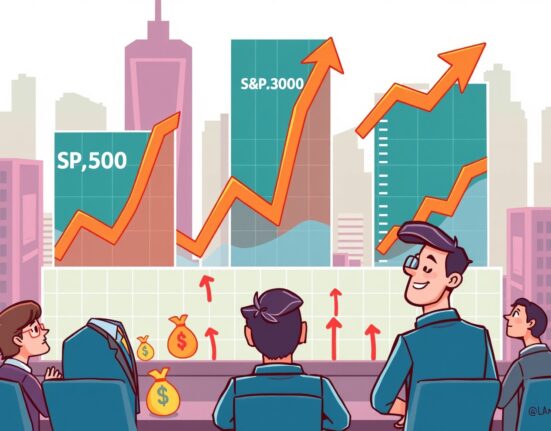 Cartoon showing US stocks open higher, symbolizing market growth and investor optimism across major indices.