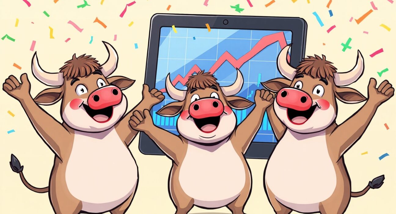 US stocks open higher with bullish market trends showing upward momentum in vibrant illustration