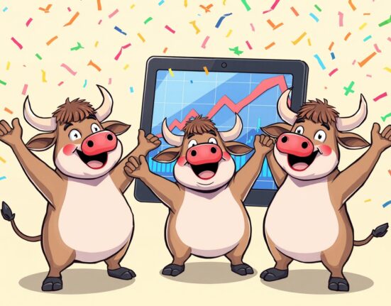 US stocks open higher with bullish market trends showing upward momentum in vibrant illustration