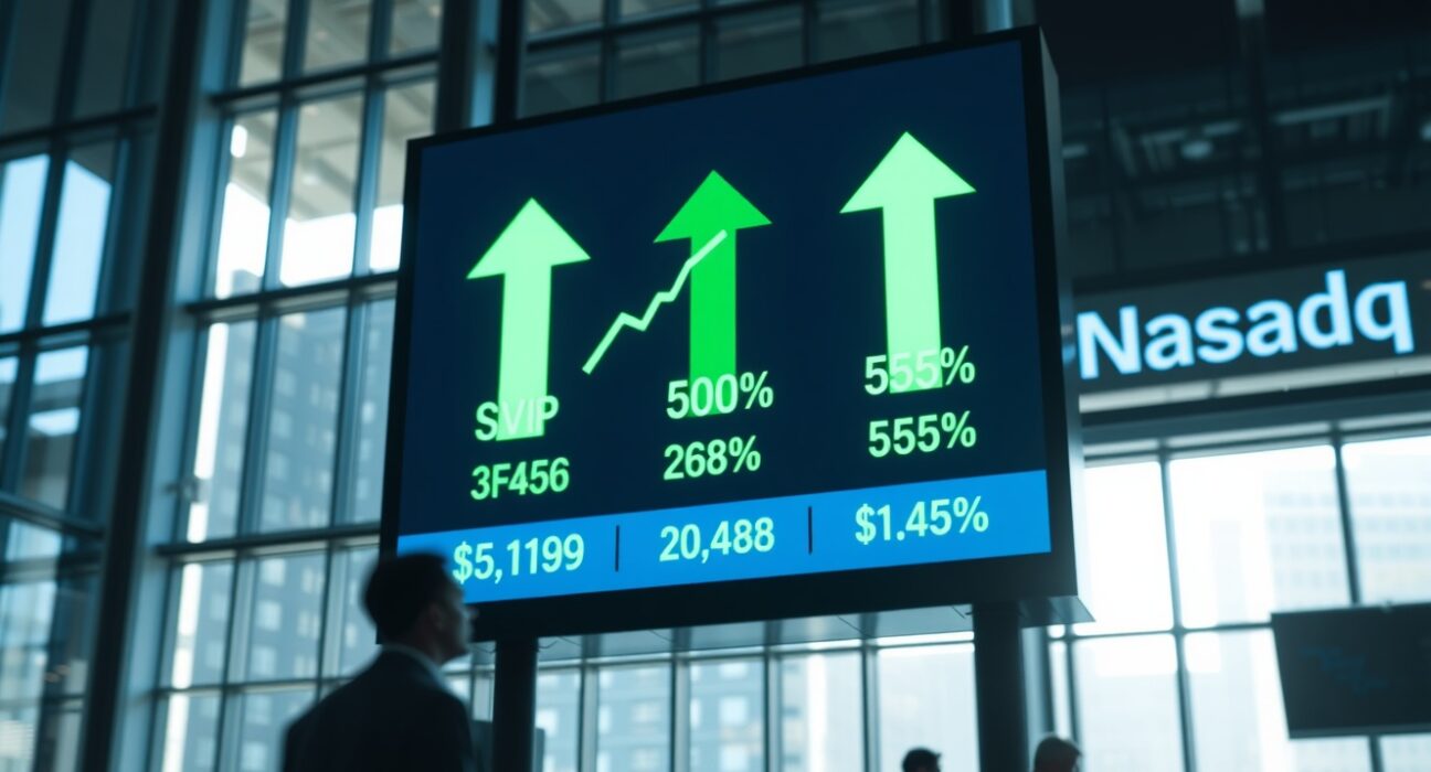 Digital stock market board showing green upward arrows and positive percentage gains for major US indices.