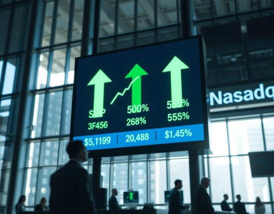Digital stock market board showing green upward arrows and positive percentage gains for major US indices.