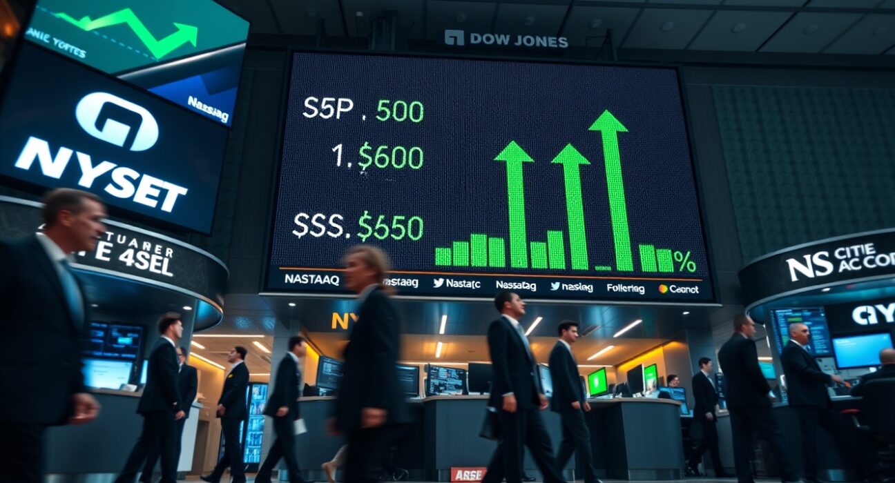 Stock market board displaying green arrows and positive gains for S&P 500, Nasdaq, and Dow Jones at market open.