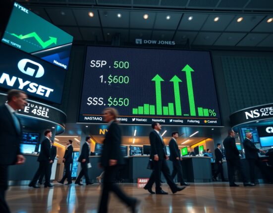 Stock market board displaying green arrows and positive gains for S&P 500, Nasdaq, and Dow Jones at market open.