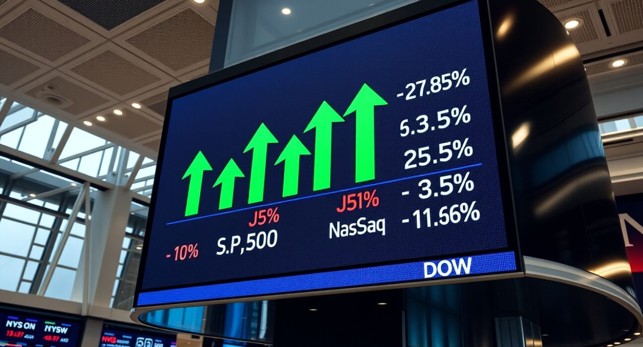 Stock market display board showing green arrows and positive percentages for major US indices at market open.