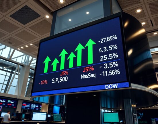 Stock market display board showing green arrows and positive percentages for major US indices at market open.