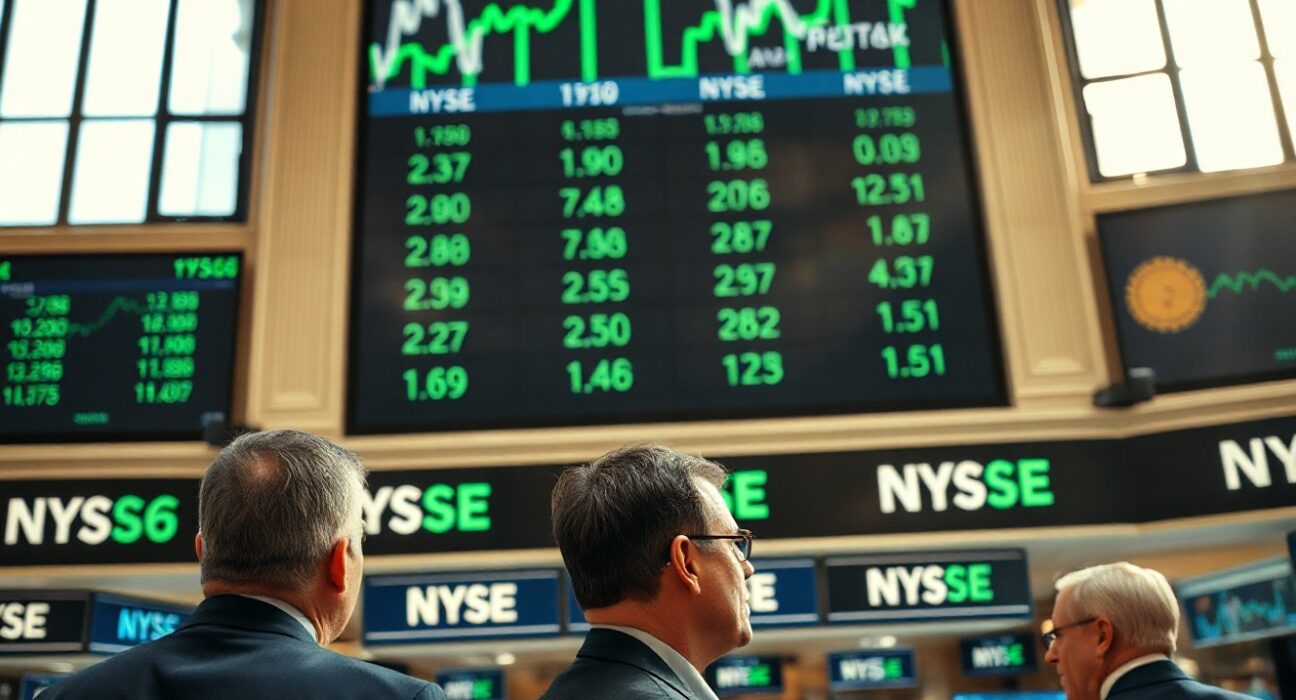 Traders at the New York Stock Exchange watching a green ticker board showing stock market gains