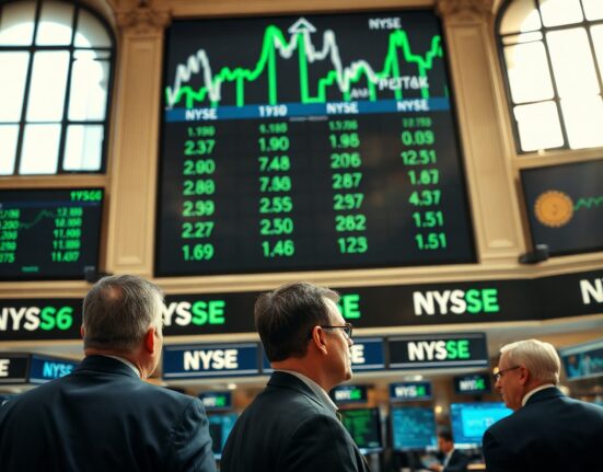 Traders at the New York Stock Exchange watching a green ticker board showing stock market gains