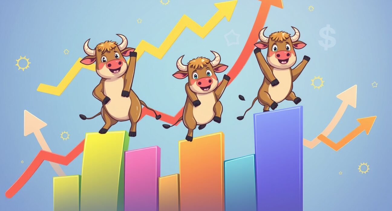 US stocks open higher with three bull characters climbing stock market graphs showing strong upward momentum