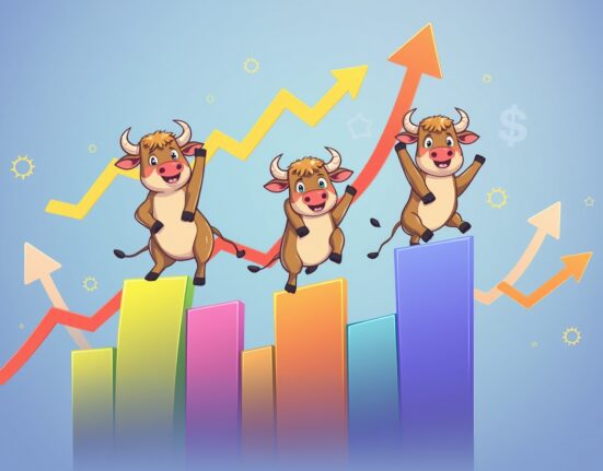 US stocks open higher with three bull characters climbing stock market graphs showing strong upward momentum