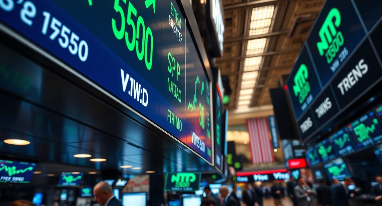 Stock market display board showing green upward-trending numbers for S&P 500, Nasdaq, and Dow Jones on a trading floor.