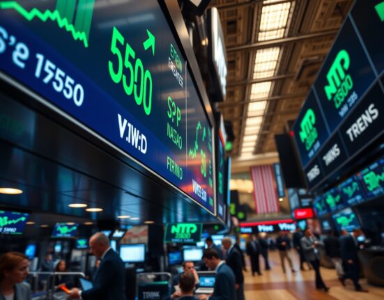 Stock market display board showing green upward-trending numbers for S&P 500, Nasdaq, and Dow Jones on a trading floor.