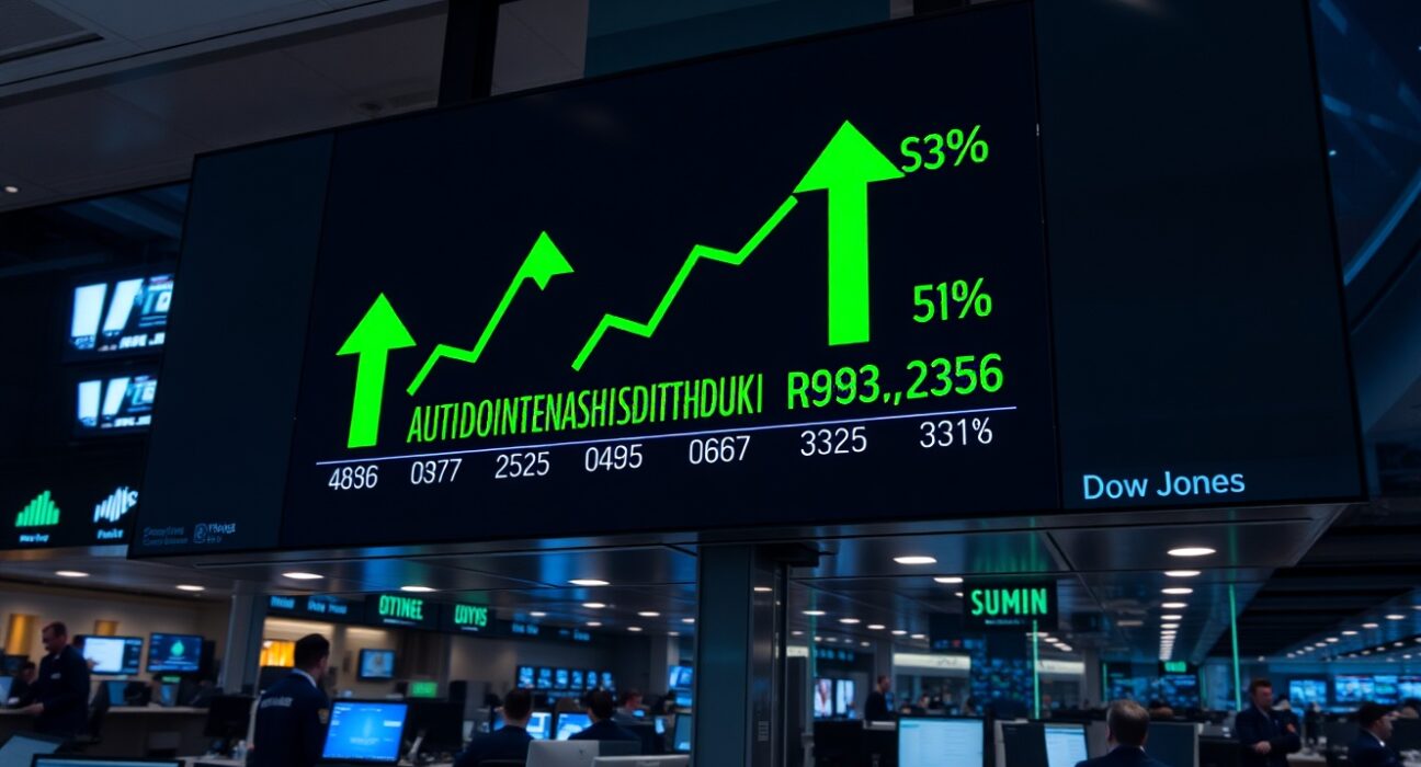 Stock market display board showing green arrows and percentage gains for S&P 500, Nasdaq, and Dow Jones