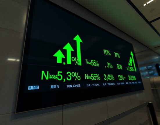 Stock market display board showing green arrows and positive numbers for S&P 500, Nasdaq, and Dow Jones