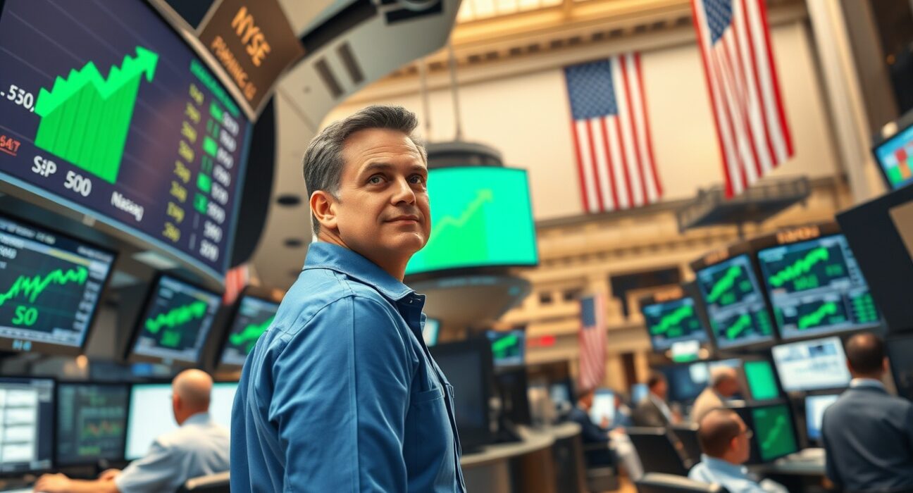 Trader on the NYSE floor as US stock indices open higher with gains.