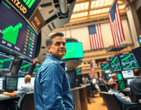 Trader on the NYSE floor as US stock indices open higher with gains.