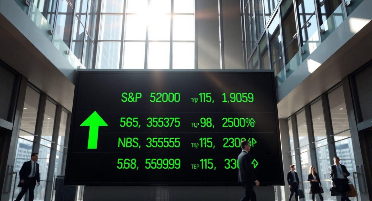 Digital stock market display showing green gains for S&P 500, Nasdaq, and Dow Jones in a modern financial building lobby