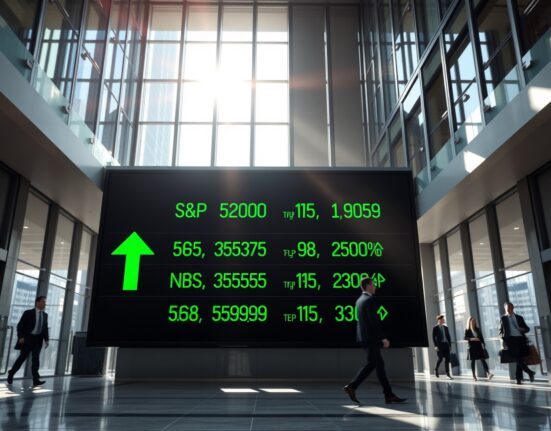 Digital stock market display showing green gains for S&P 500, Nasdaq, and Dow Jones in a modern financial building lobby