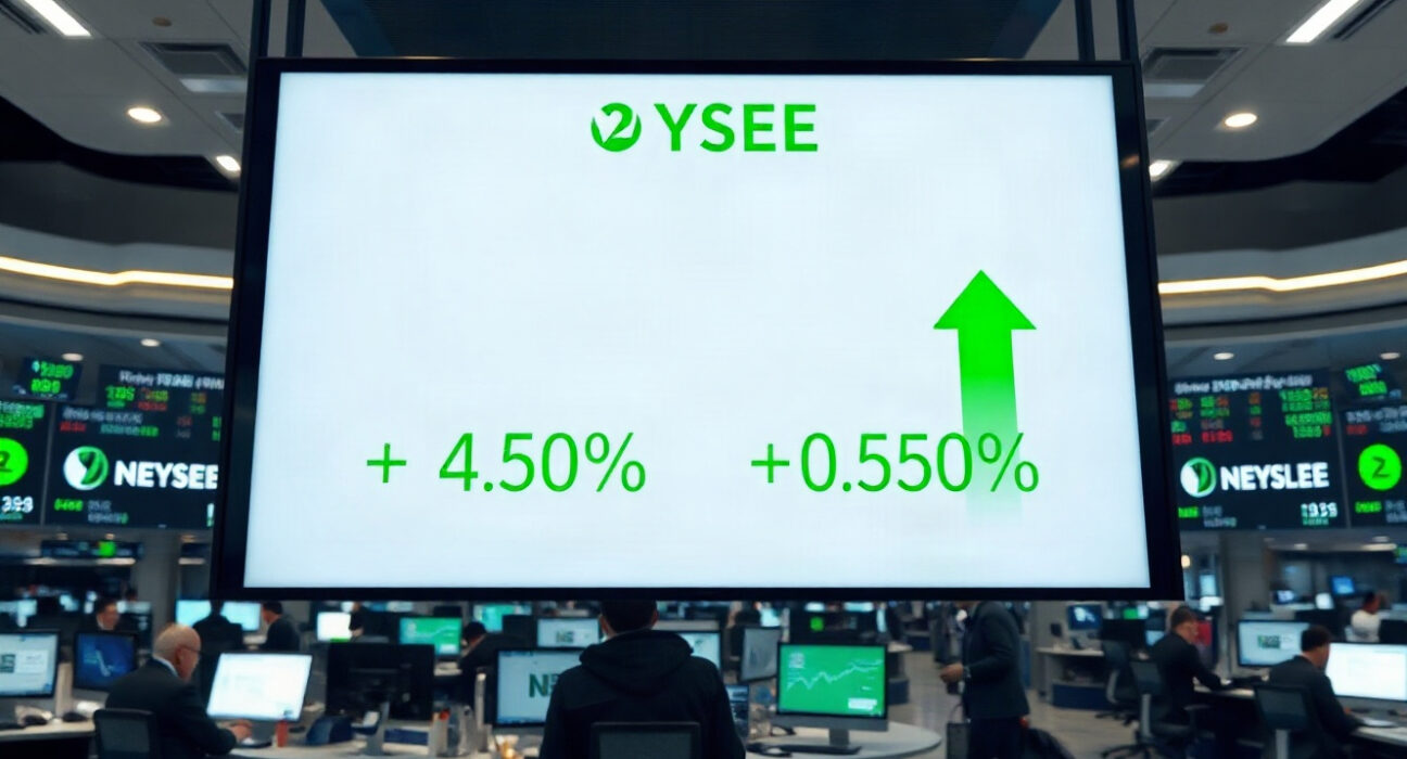 Traders observe a stock market display showing positive gains at the opening bell