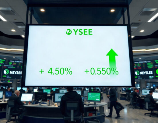 Traders observe a stock market display showing positive gains at the opening bell