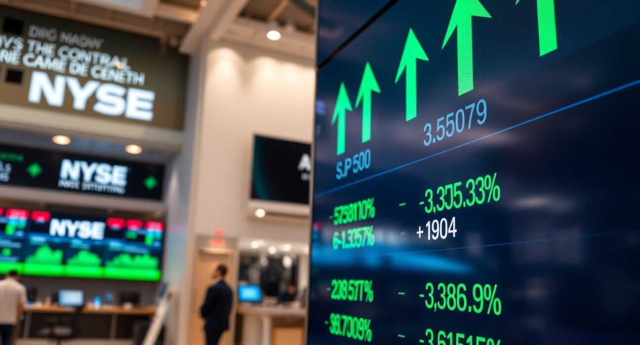 Digital stock market display showing green arrows and positive percentages for S&P 500, Nasdaq, and Dow Jones at market open.
