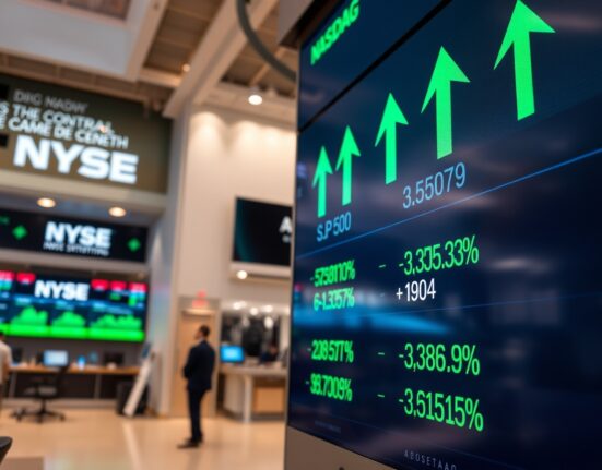 Digital stock market display showing green arrows and positive percentages for S&P 500, Nasdaq, and Dow Jones at market open.