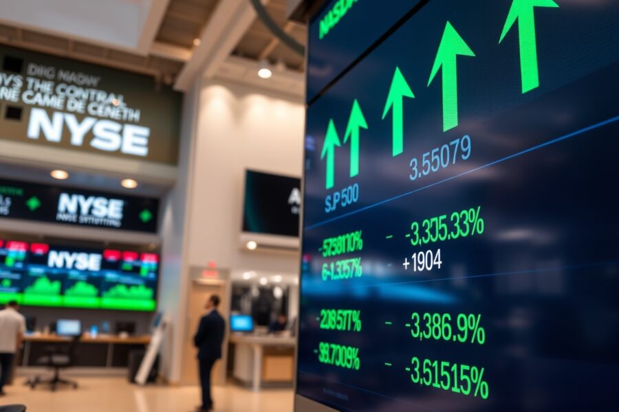 Digital stock market display showing green arrows and positive percentages for S&P 500, Nasdaq, and Dow Jones at market open.