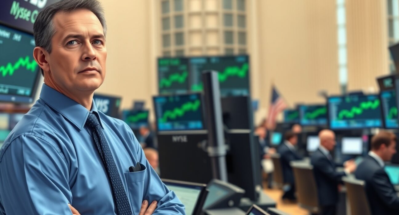 Trader at the New York Stock Exchange as US stocks open higher with gains across major indices.