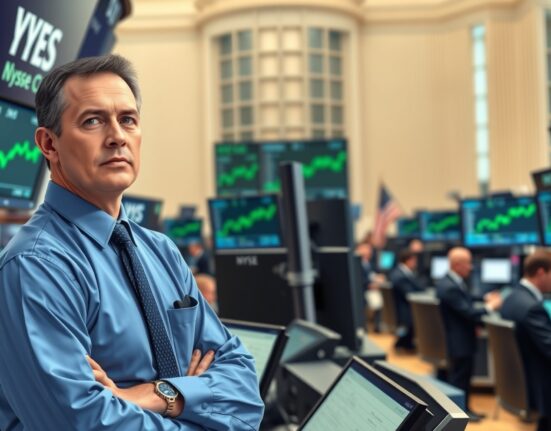 Trader at the New York Stock Exchange as US stocks open higher with gains across major indices.