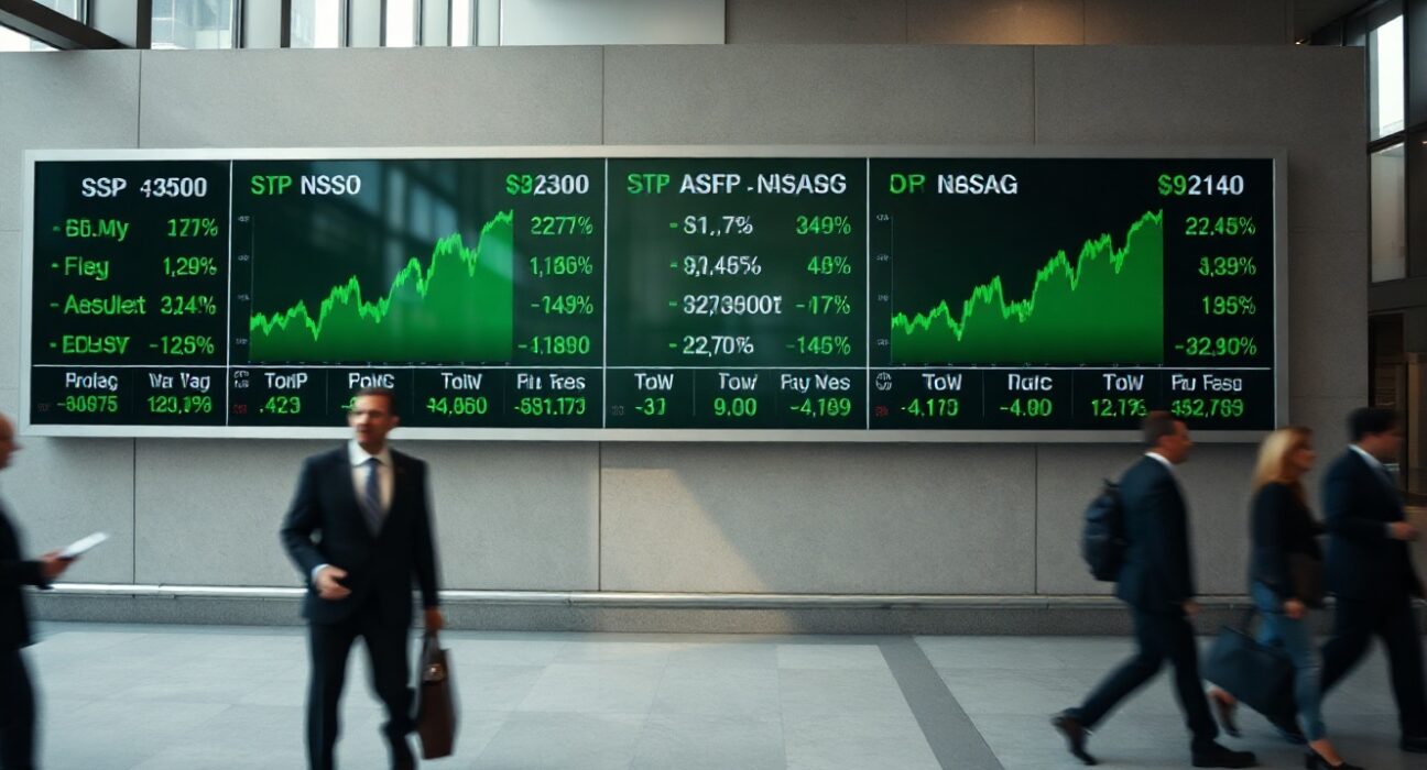 Stock market board displaying green upward-trending numbers for S&P 500, Nasdaq, and Dow Jones.