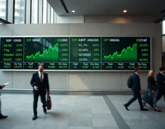 Stock market board displaying green upward-trending numbers for S&P 500, Nasdaq, and Dow Jones.