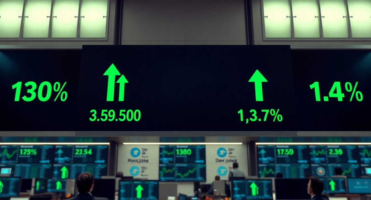 Stock market display board showing S&P 500, Nasdaq, and Dow Jones with green upward arrows