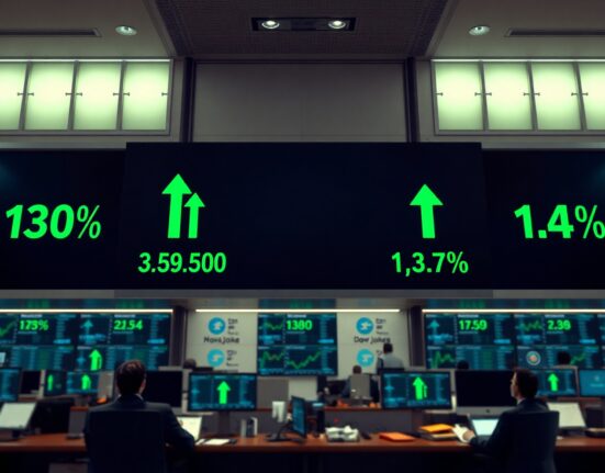 Stock market display board showing S&P 500, Nasdaq, and Dow Jones with green upward arrows