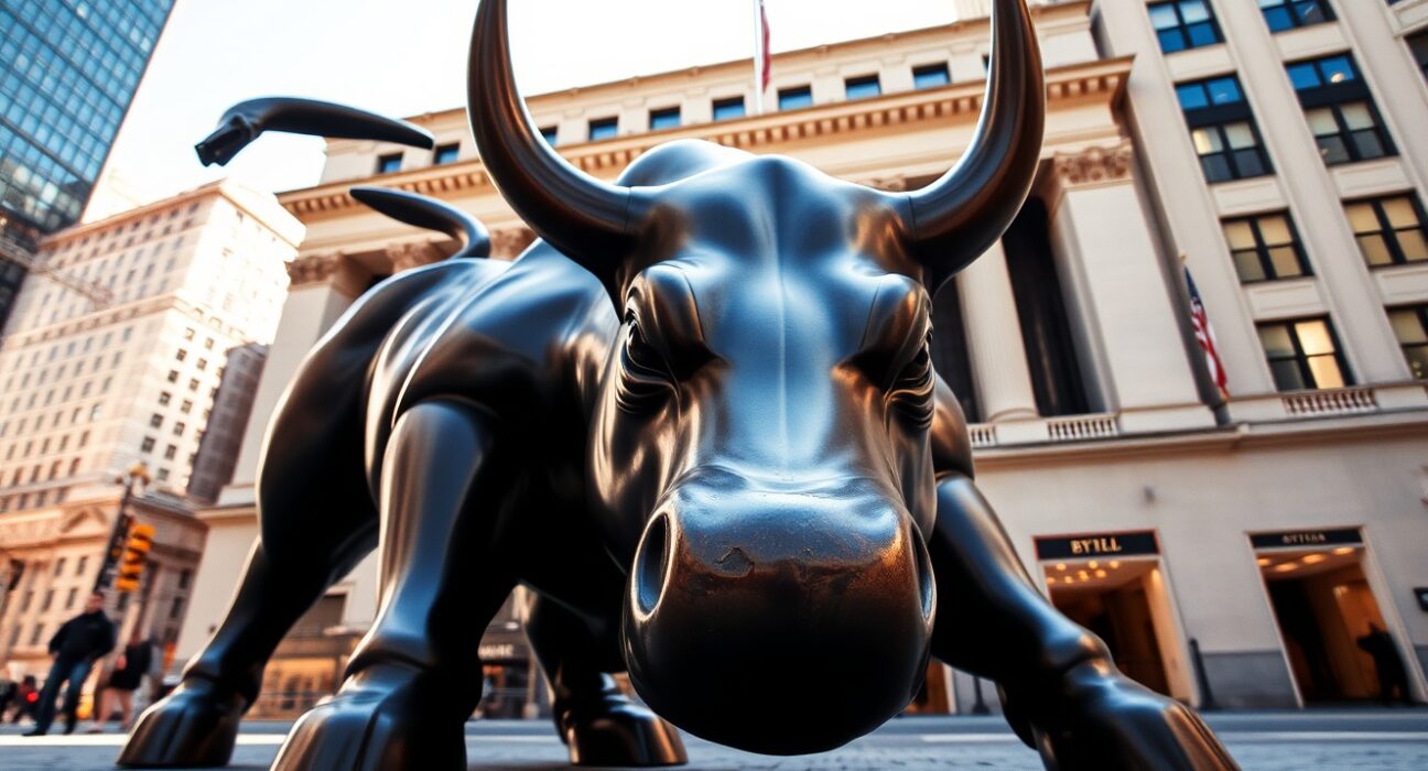 The Wall Street bull statue symbolizes a powerful surge as US stocks open higher.