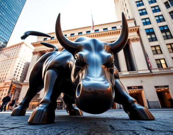 The Wall Street bull statue symbolizes a powerful surge as US stocks open higher.