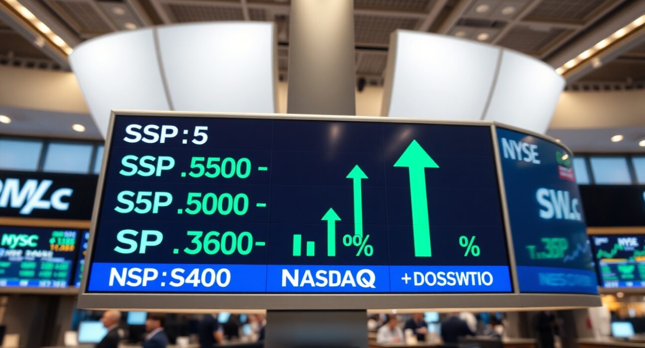 Digital stock market board showing S&P 500, Nasdaq, and Dow Jones with green upward arrows