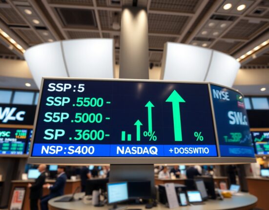 Digital stock market board showing S&P 500, Nasdaq, and Dow Jones with green upward arrows