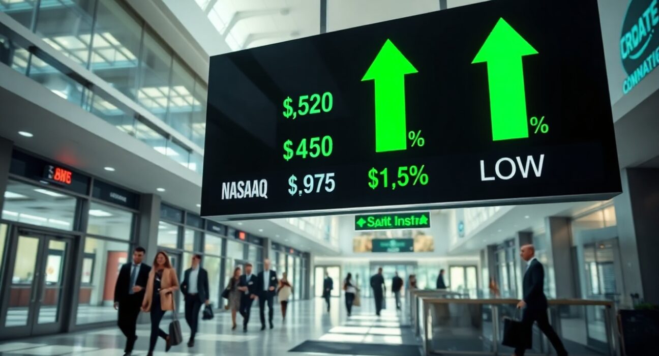 Digital stock market display showing green arrows and positive percentage gains for major US indices